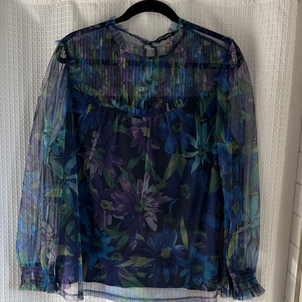 Cable & Gauge Floral Sheer Blouse - Blue and Purple